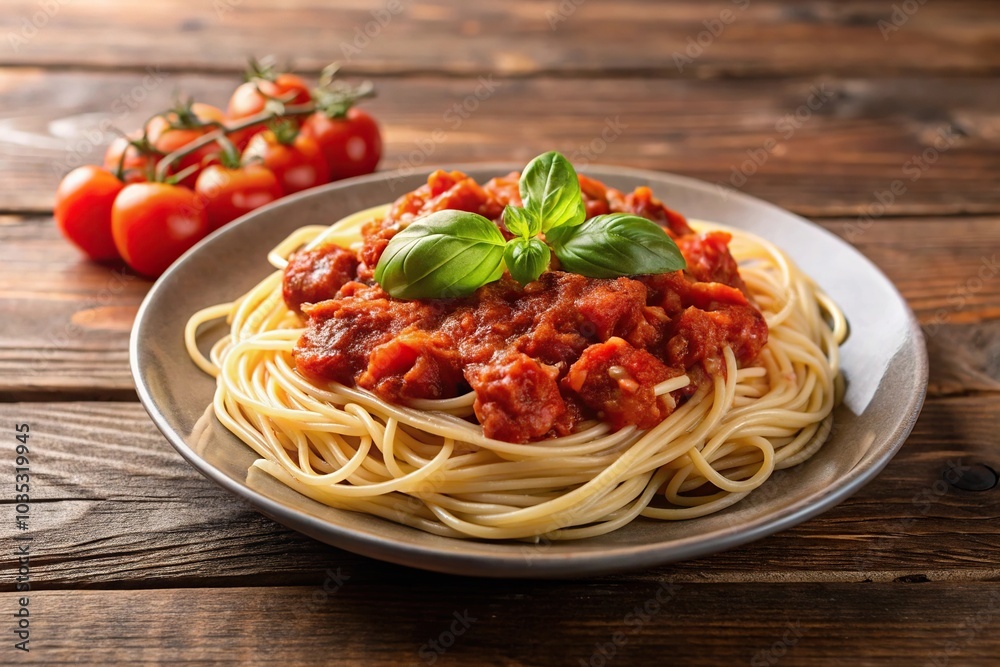 Italian dish of spaghetti with tomato sauce and meat on a white plate Italian dish of spaghetti with tomato sauce and meat on a white plate