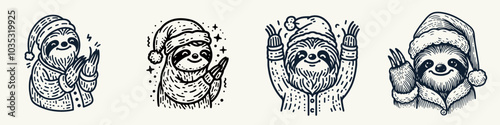 Sloths in Santa Costumes Clapping Joyfully