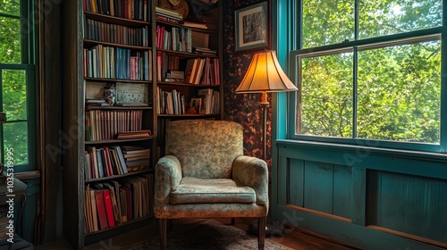 91. A small reading area with a chair, a lamp, and books