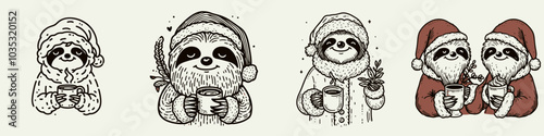 Sloth in Santa Costume Enjoying Hot Beverage