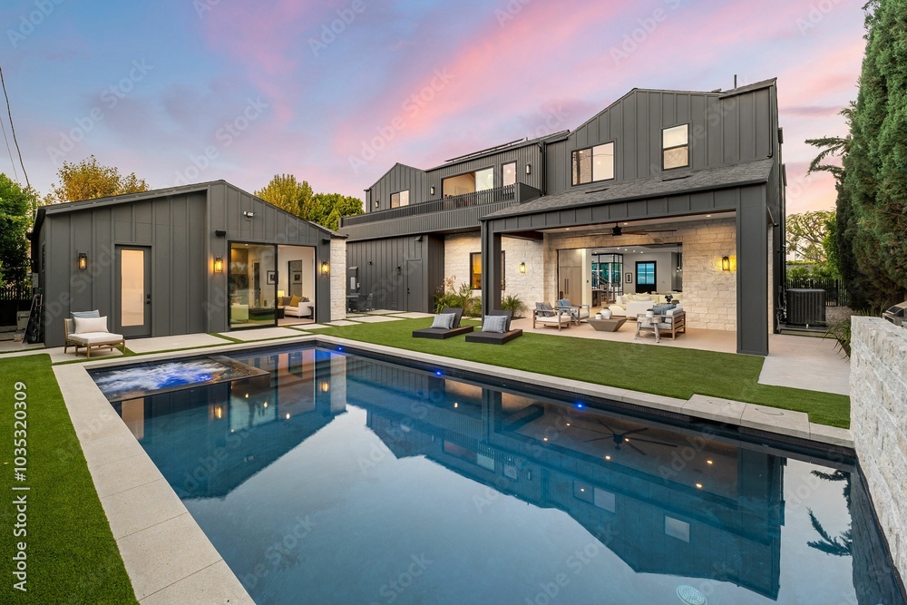 Fototapeta premium Modern luxury home with pool at sunset.