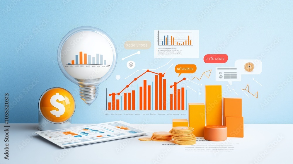 Financial analysis with charts, graphs, light bulb and dollar symbol on blue background. Financial analysis with charts, graphs, light bulb and dollar symbol on blue background.