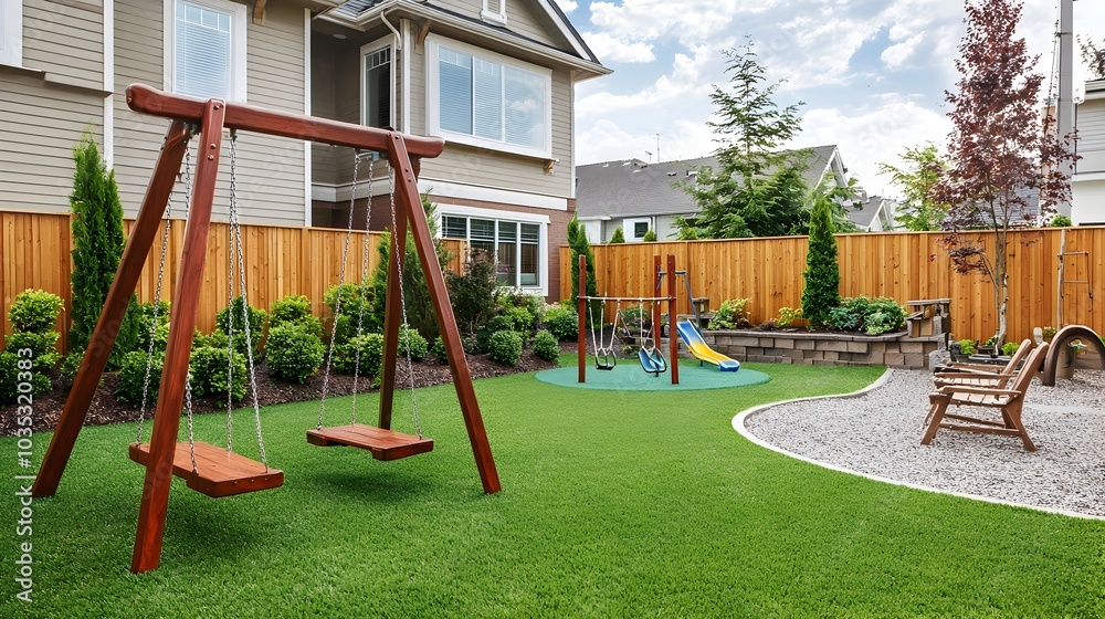 Obraz premium Charming suburban home with a spacious backyard and a wooden swing set offering a peaceful and inviting outdoor space for family recreation and leisure