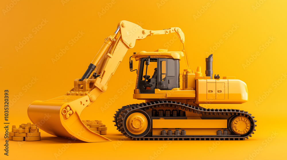 Fototapeta premium Yellow excavator on a yellow background.