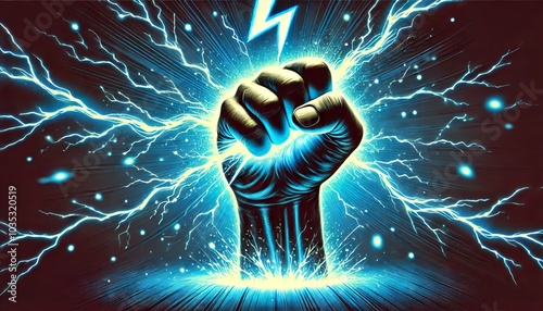 clenched fist gripping a bolt of lightning, radiating blue electric energy across a dark background