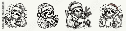 Sloths in Santa Costumes Reading Books