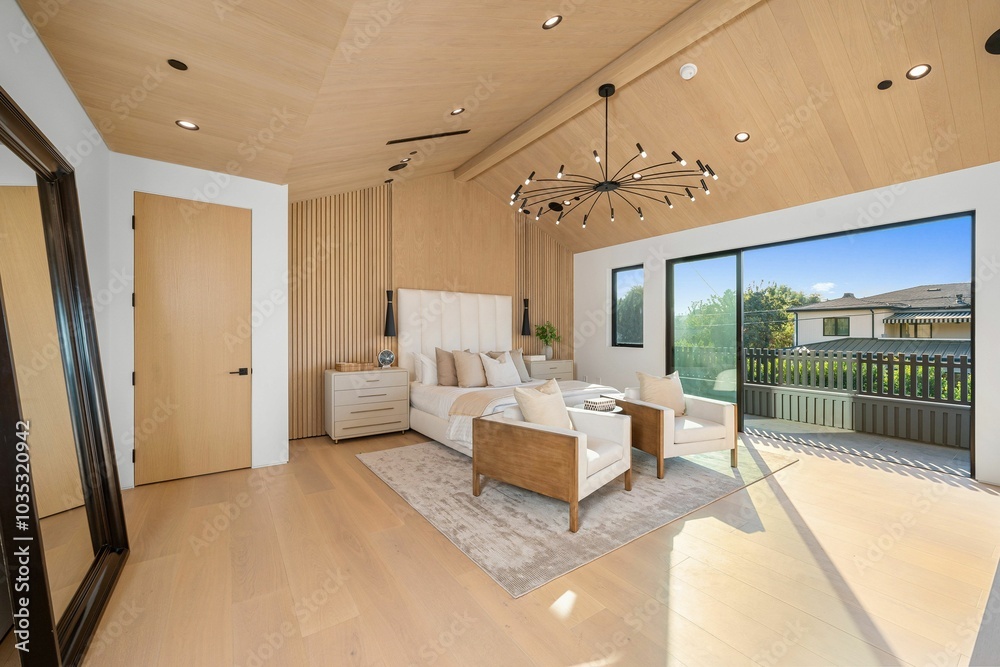 Modern bedroom interior with wooden accents and large windows.