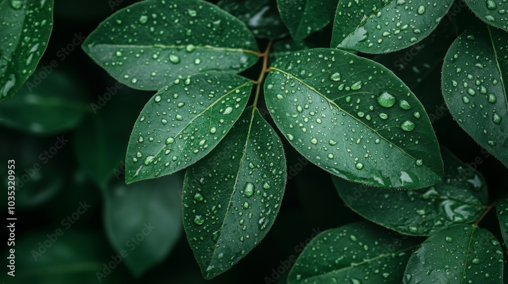 Obraz premium Close-up of Green Leaves Covered in Water Droplets