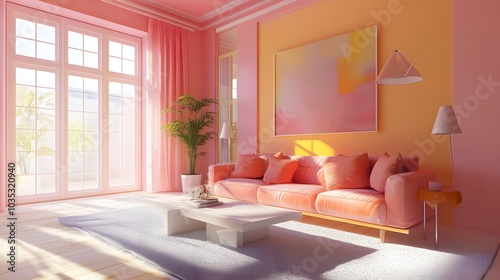 78. A living room with a color scheme, a sofa, and a table photo