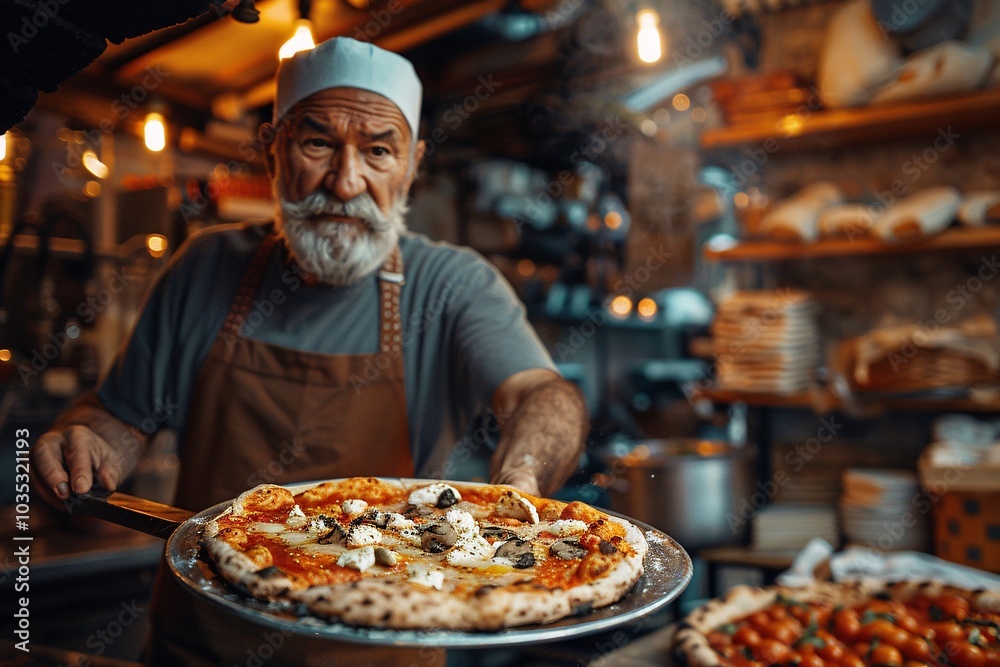 A skilled baker pulls out a delicious pizza from a wood-fired oven, showcasing melted cheese and toppings. The warm glow of the oven adds a cozy ambiance to the bustling pizzeria A skilled baker pulls out a delicious pizza from a wood-fired oven, showcasing melted cheese and toppings. The warm glow of the oven adds a cozy ambiance to the bustling pizzeria