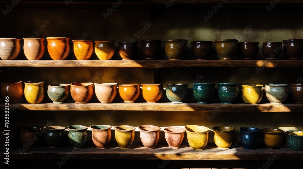 Rows of Earthenware Pots on Wooden Shelves in a Dark Room