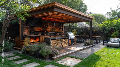 Cozy outdoor kitchen with fire feature and bar seating, nestled in a lush garden setting during a sunny afternoon. Generative AI