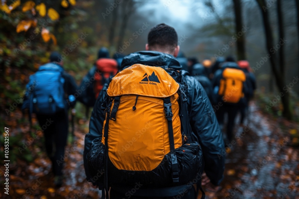 A group of hikers walking on a muddy forest trail, wearing colorful backpacks and raincoats, moving together in a serene and autumnal natural setting. A group of hikers walking on a muddy forest trail, wearing colorful backpacks and raincoats, moving together in a serene and autumnal natural setting.