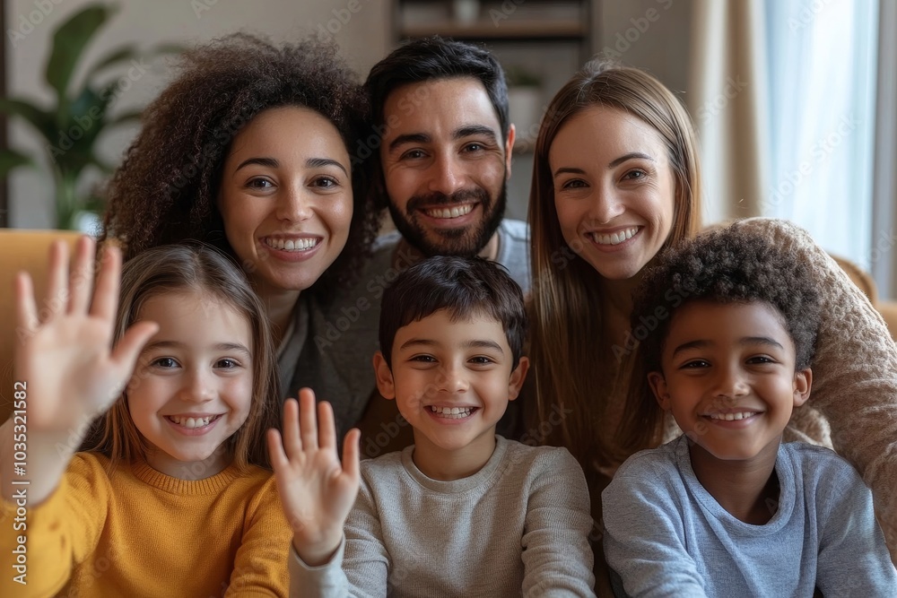 Diverse family waving during a video call at home, Generative AI Diverse family waving during a video call at home, Generative AI