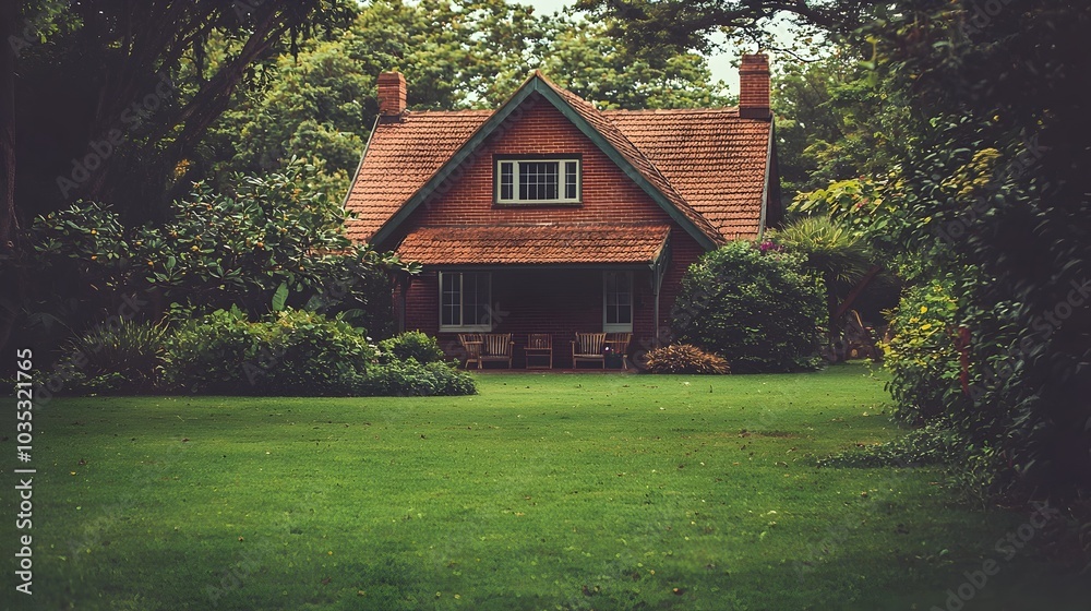 Fototapeta premium Photograph of a charming suburban home with a spacious lush green yard and an inviting outdoor seating area perfect for relaxation and leisure