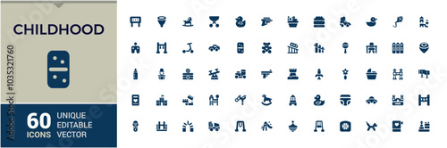 Childhood solid icons Set. Related to Children Activities anb Diverse Play and Learning Symbols, Toys, Books, Science, Coding and more. Editable filled icon collection. Pixel perfect flat symbol pack.