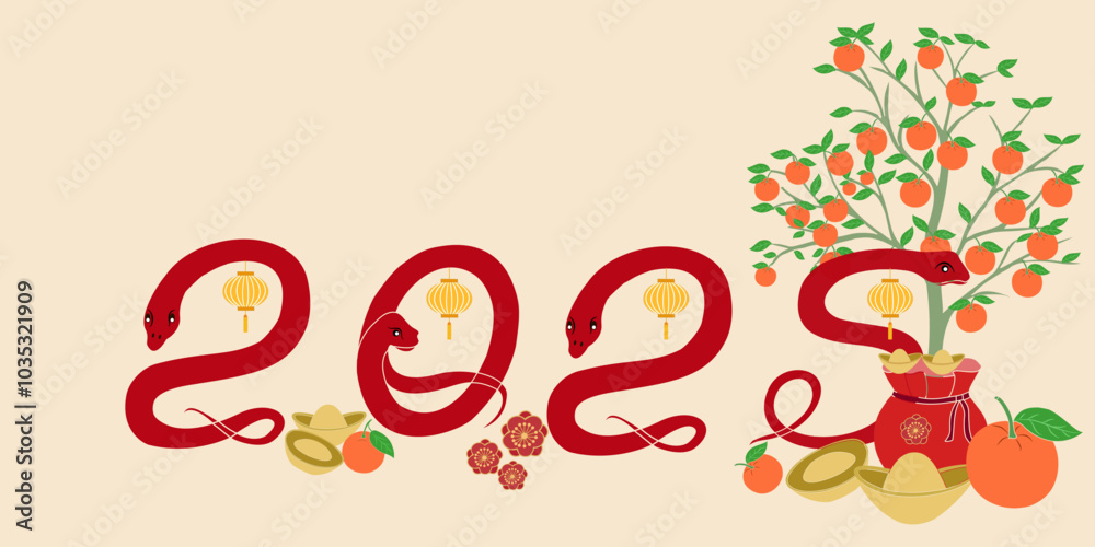 New Year of the snake 2025 decor with shape snake ,orange tree,chinese money,money bag and plum blossom entwined Snake shape 2025 on cream background. New Year of the snake 2025 decor with shape snake ,orange tree,chinese money,money bag and plum blossom entwined Snake shape 2025 on cream background.
