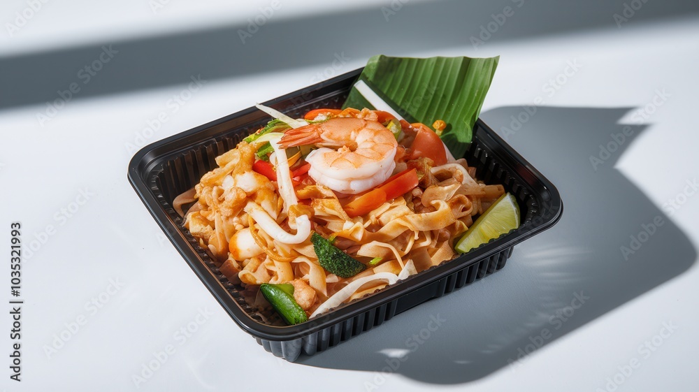 Thai-style noodle dish with shrimp, broccoli, carrots, bell peppers, and herbs Thai-style noodle dish with shrimp, broccoli, carrots, bell peppers, and herbs