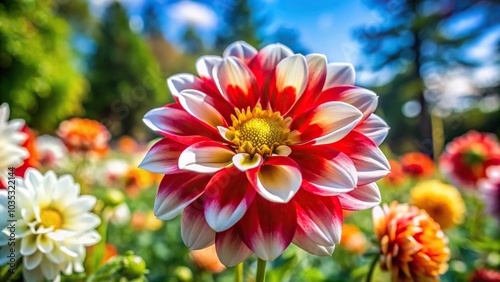 Low angle view of white, red, and yellow flowers in a garden during spring season