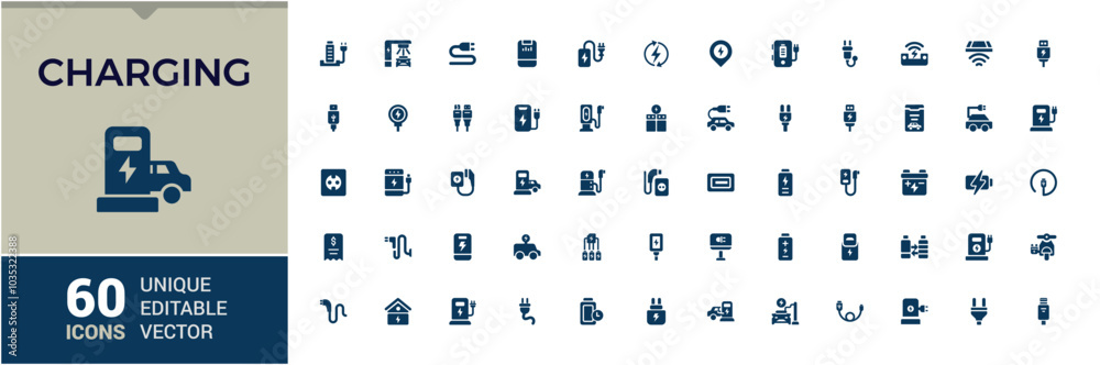 Charging solid icons set. Containing wireless charging, electric car, lighting, electric socket, ev, electricity and more. Glyph filled icon collection. Editable and pixel perfect symbol pack.