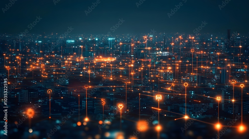 Modern cityscape network icons double exposure. Modern cityscape network icons double exposure.