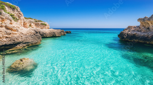 Secluded Cove Serenity, a tranquil retreat featuring crystal-clear turquoise waters, perfect for relaxation and contemplation, ideal for summer escapes and unwinding.