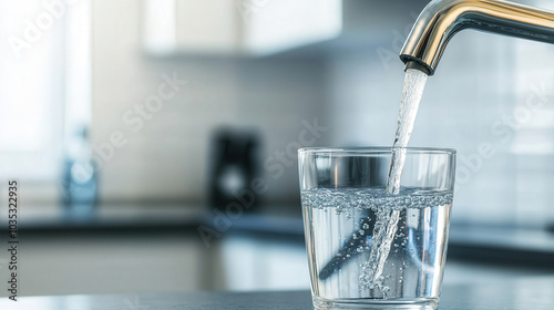 Refreshing water cascading from a modern tap into a sleek glass cup, embodying the essence of clean drinking water and promoting a healthy lifestyle in a stylish kitchen environment