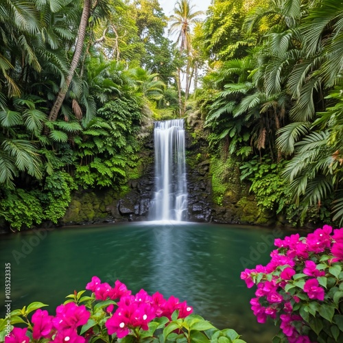 A stunning tropical waterfall cascading into a crystal-clear pool, surrounded by lush greenery and vibrant flowers in a hidden oasis.