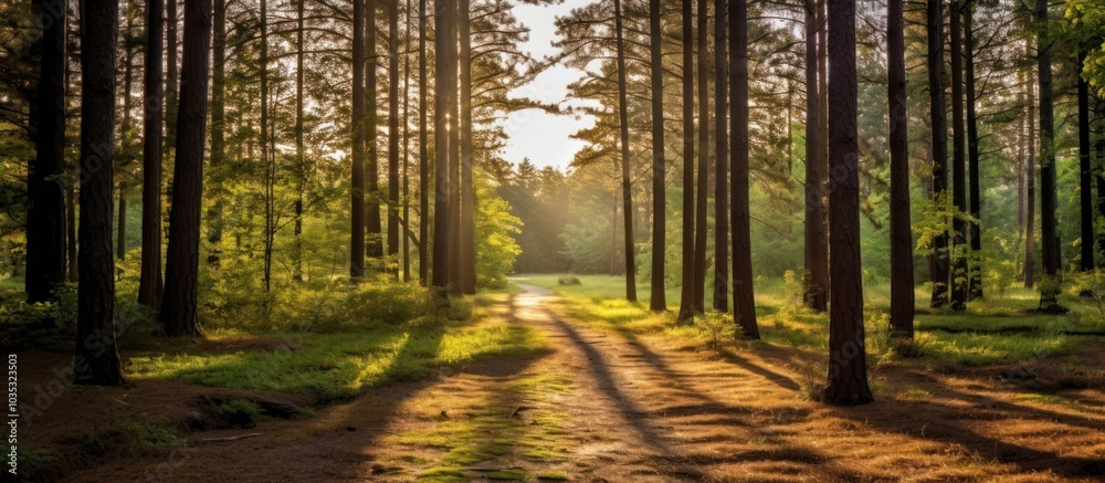 Obraz premium Sunbeams Through the Trees in a Forest