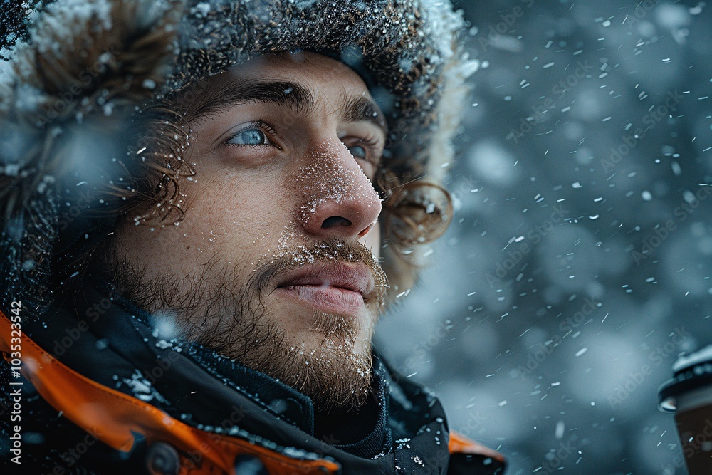 A young man with blue eyes smiles while holding a warm cup in his hands, surrounded by a snowy landscape on a chilly winter day, showcasing the cozy moment amidst the cold A young man with blue eyes smiles while holding a warm cup in his hands, surrounded by a snowy landscape on a chilly winter day, showcasing the cozy moment amidst the cold