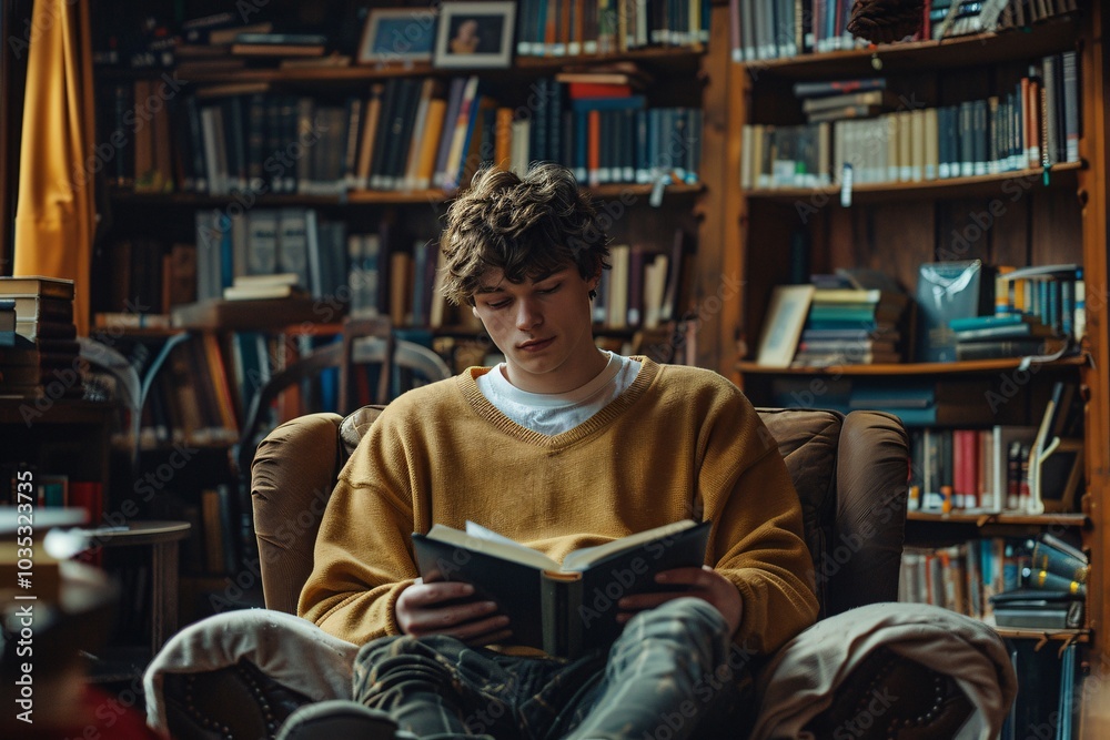 A young man sits at a table in a library, thoughtfully resting his chin on his hand while gazing at his laptop. He enjoys a warm cup of coffee amidst a tranquil atmosphere A young man sits at a table in a library, thoughtfully resting his chin on his hand while gazing at his laptop. He enjoys a warm cup of coffee amidst a tranquil atmosphere