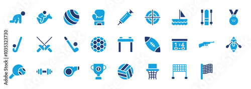 Olympics set of blue icon. Start, Horse Racing, Pilates Ball, Boxing Glove, Injection, Target, Boat, Medal, Hockey Stick, Fencing, Hockey, Ball, Parallel Bars, Rugby, Scoreboard vector illustration.