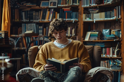 A young man sits at a table in a library, thoughtfully resting his chin on his hand while gazing at his laptop. He enjoys a warm cup of coffee amidst a tranquil atmosphere