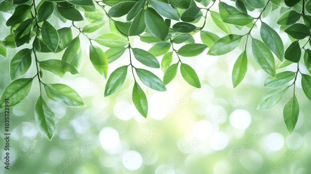 Green Leaves Over a Bokeh Background of Light and Green Green Leaves Over a Bokeh Background of Light and Green