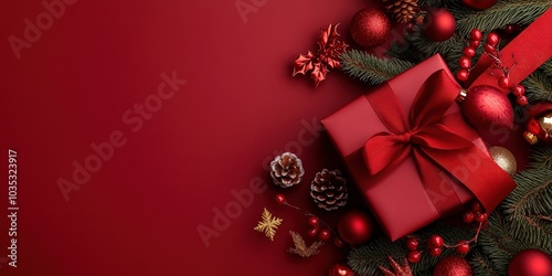 Festive Red Gift Box with Holiday Decorations