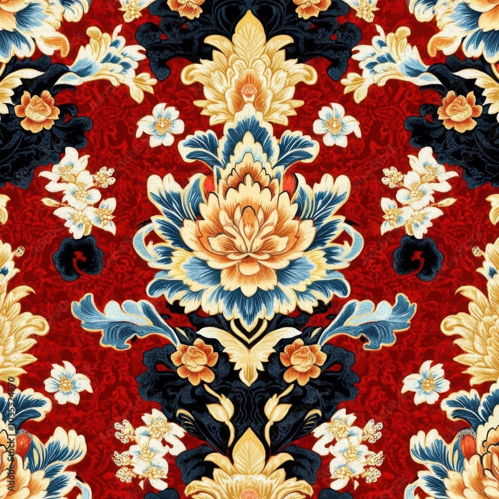 Antique Thai fabric pattern with detailed floral motifs and bold colors, influenced by royal designs, Thai textile, seamless regal luxury, Antique Thai fabric pattern with detailed floral motifs and bold colors, influenced by royal designs, Thai textile, seamless regal luxury,
