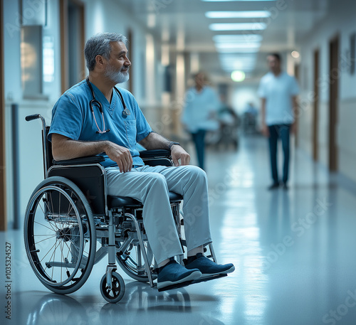 Doctor in uniform with stethoscope on wheelchair in hospital corridor