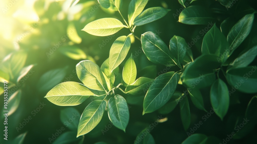 Close-up of Lush Green Leaves Illuminated by Sunlight