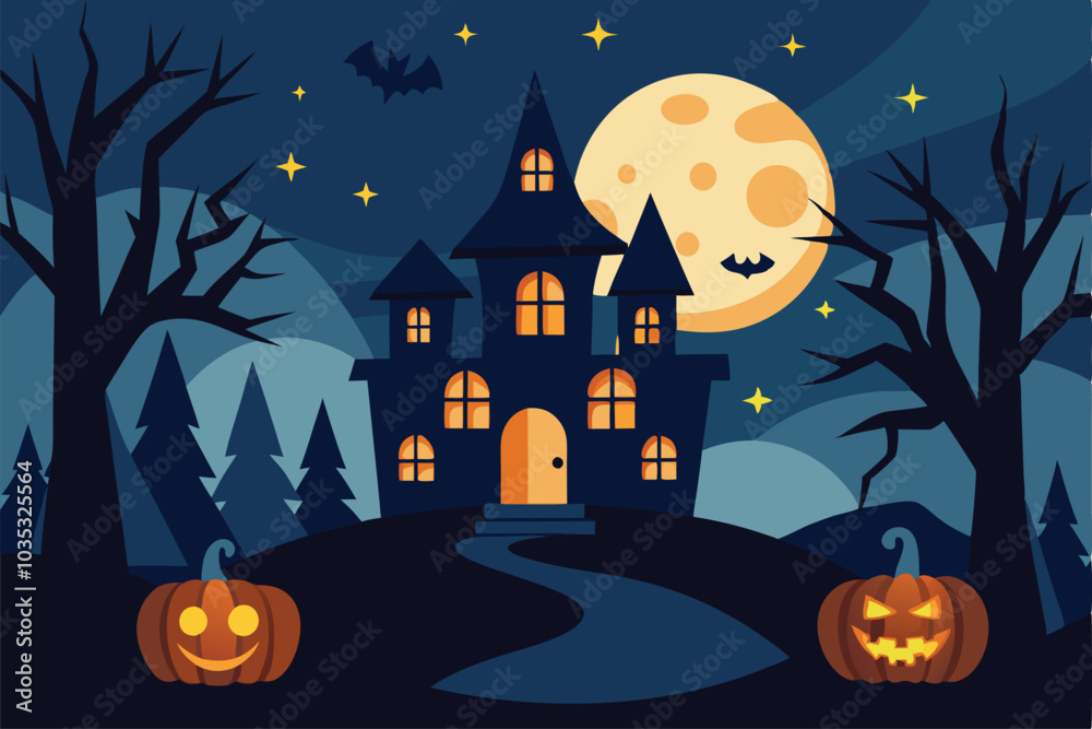Halloween pumpkin and hunted house  with full moon background  - Generative AI