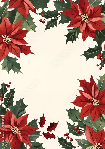 A simple, symmetrical frame made of poinsettias and holly leaves on a cream background, suitable for clipart or digital paper design