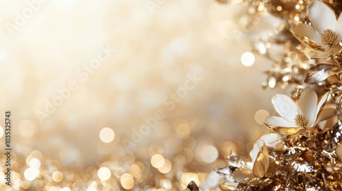 A sophisticated blend of chic golden flowers and blurred bokeh lights creates an ethereal ambiance, exuding warmth, charm, and a dreamy elegance. photo