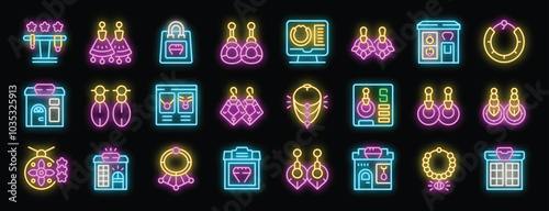 Neon icons set with jewelry store, boutique, accessories and business elements