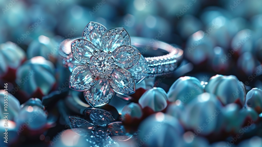 A dazzling floral-inspired ring surrounded by shimmering blue and white pearls on a reflective surface at twilight. Generative AI A dazzling floral-inspired ring surrounded by shimmering blue and white pearls on a reflective surface at twilight. Generative AI
