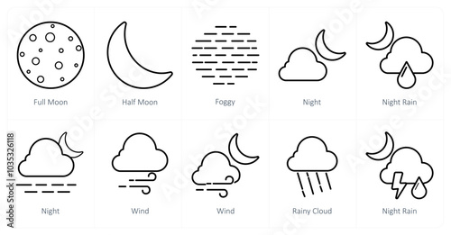 A set of 10 Weather icons as full moon, half moon, foggy