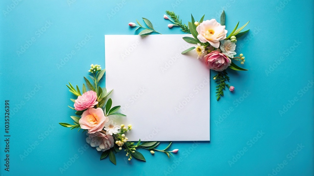 Minimalist blank paper with floral border on blue background for elegant messages