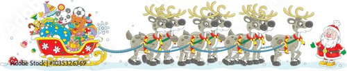 Santa Claus with holiday gifts going to travel in his magic sleigh with a team of flying reindeers on a snowy night before Christmas, vector cartoon illustration on a white background