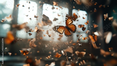 A vibrant butterfly flits gracefully amidst swirling fragmented pieces, illuminated by sunlight, creating a captivating and dynamic representation of transformation and freedom. photo