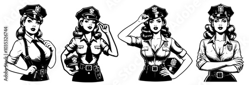 beauty pin-up girl illustration, adorable beautiful pinup woman model, comic book character, black shape silhouette vector decoration policewoman female police officer cop