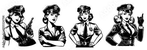 beauty pin-up girl illustration, adorable beautiful pinup woman model, comic book character, black shape silhouette vector decoration policewoman female police officer cop