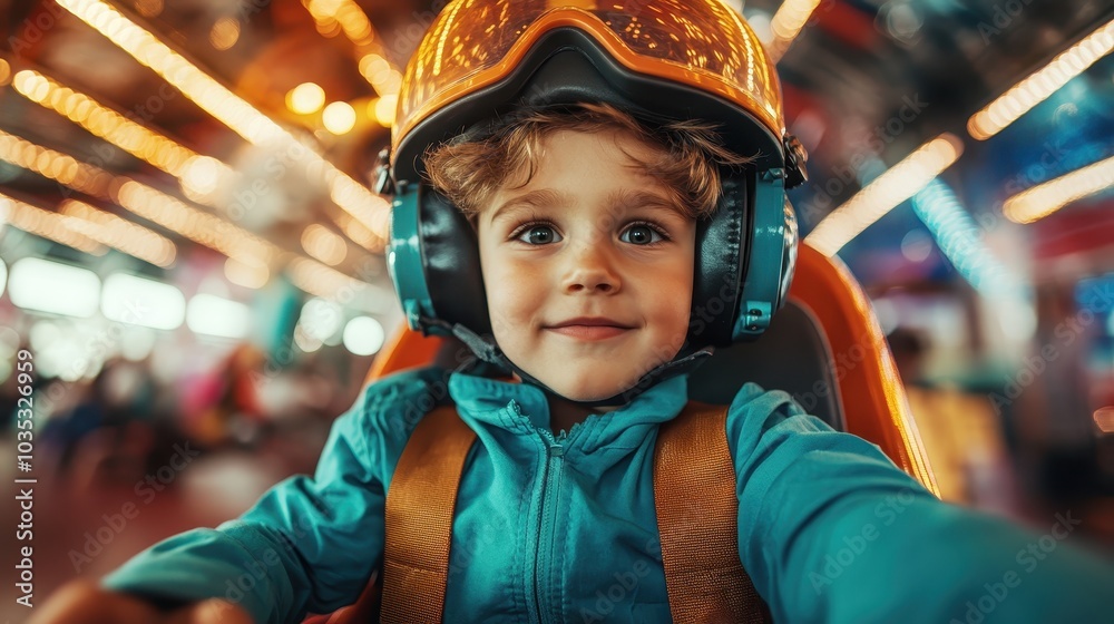 A cheerful child in a helmet enjoys the funfair with bright lights surrounding them, embodying the adventurous spirit and liveliness of a joyful childhood moment. A cheerful child in a helmet enjoys the funfair with bright lights surrounding them, embodying the adventurous spirit and liveliness of a joyful childhood moment.